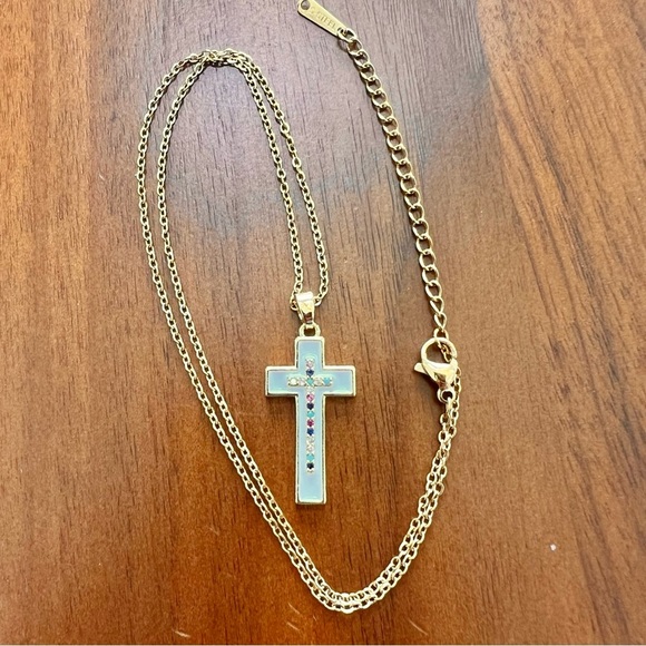 Gold and White Cross Rhinestone Pendant Necklace - Picture 2 of 3